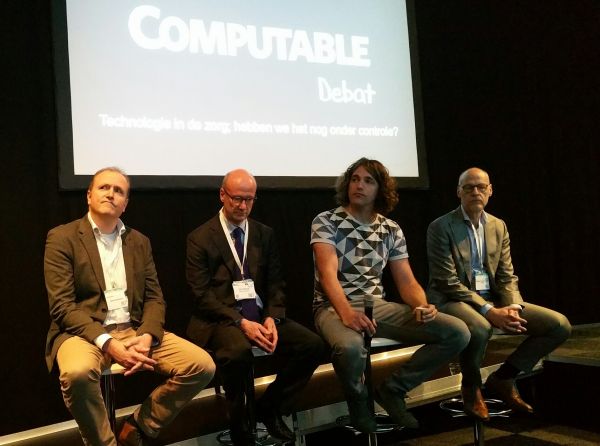 De deelnemers aan het Computable Debat op Zorg & ICT 2018 (vlnr): Marco Woesthuis, Hans Reterink, Hans van Bommel en Herman van den Tempel.